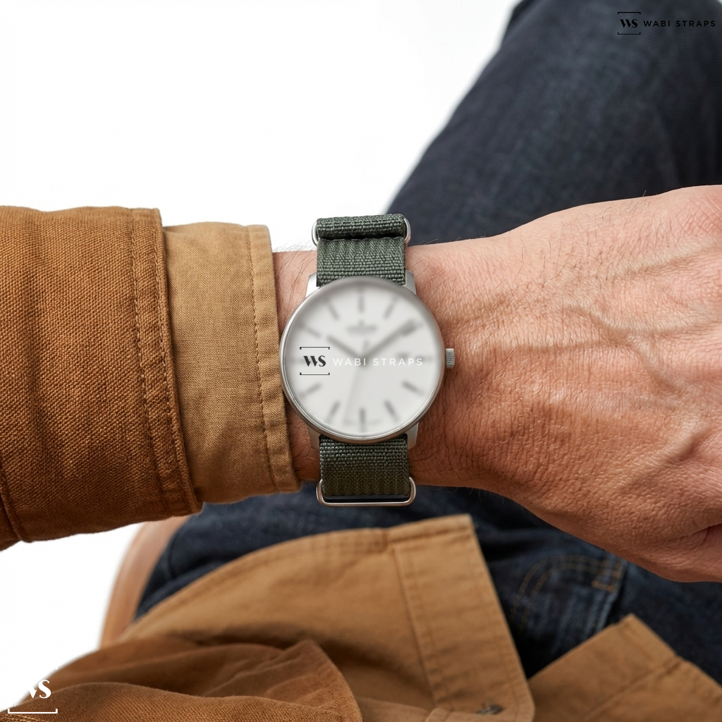 Grey Ribbed Nylon Watch Strap on Junghans FORM A Titan