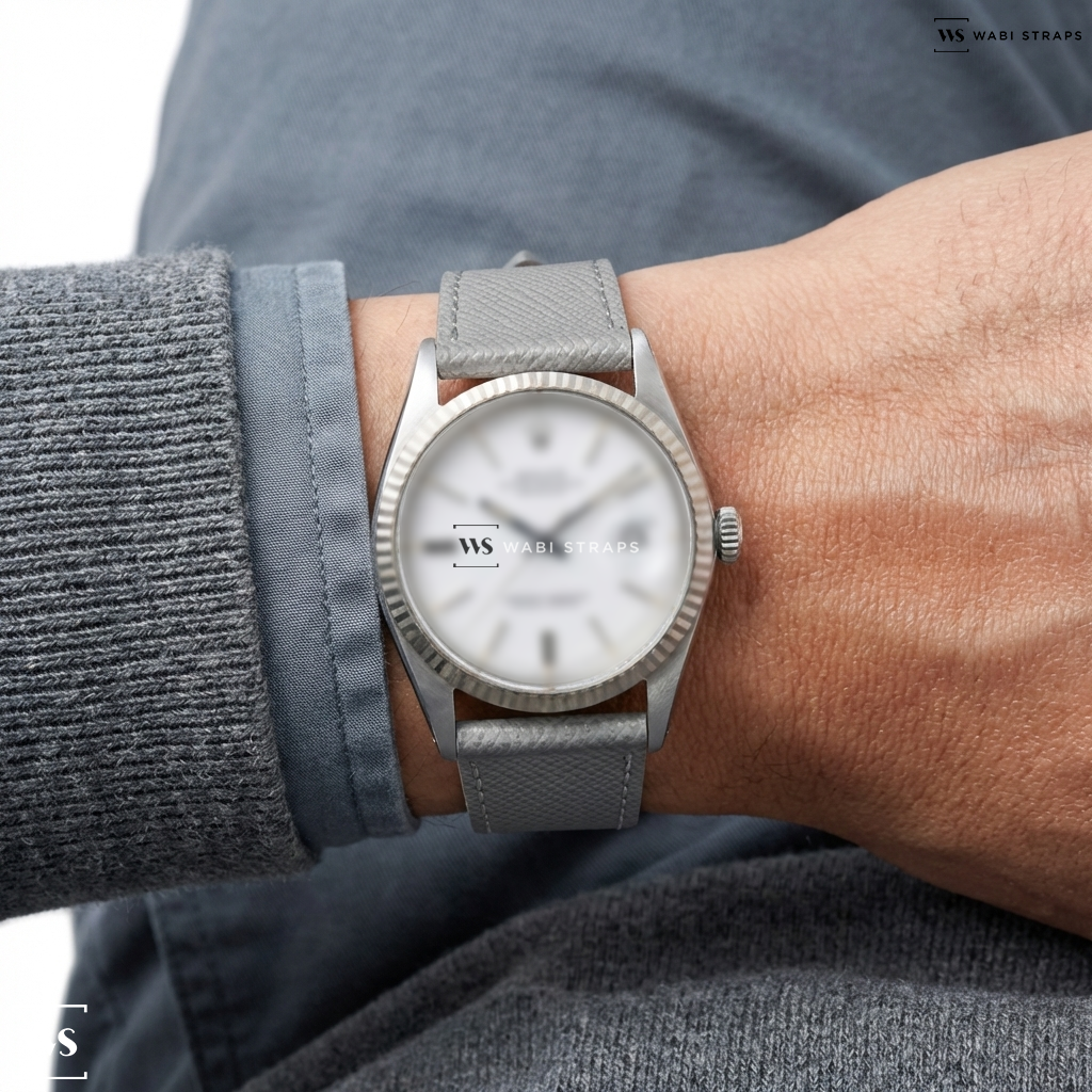 Grey Cross Hatch Leather Watch Strap on Rolex Datejust “Great White”