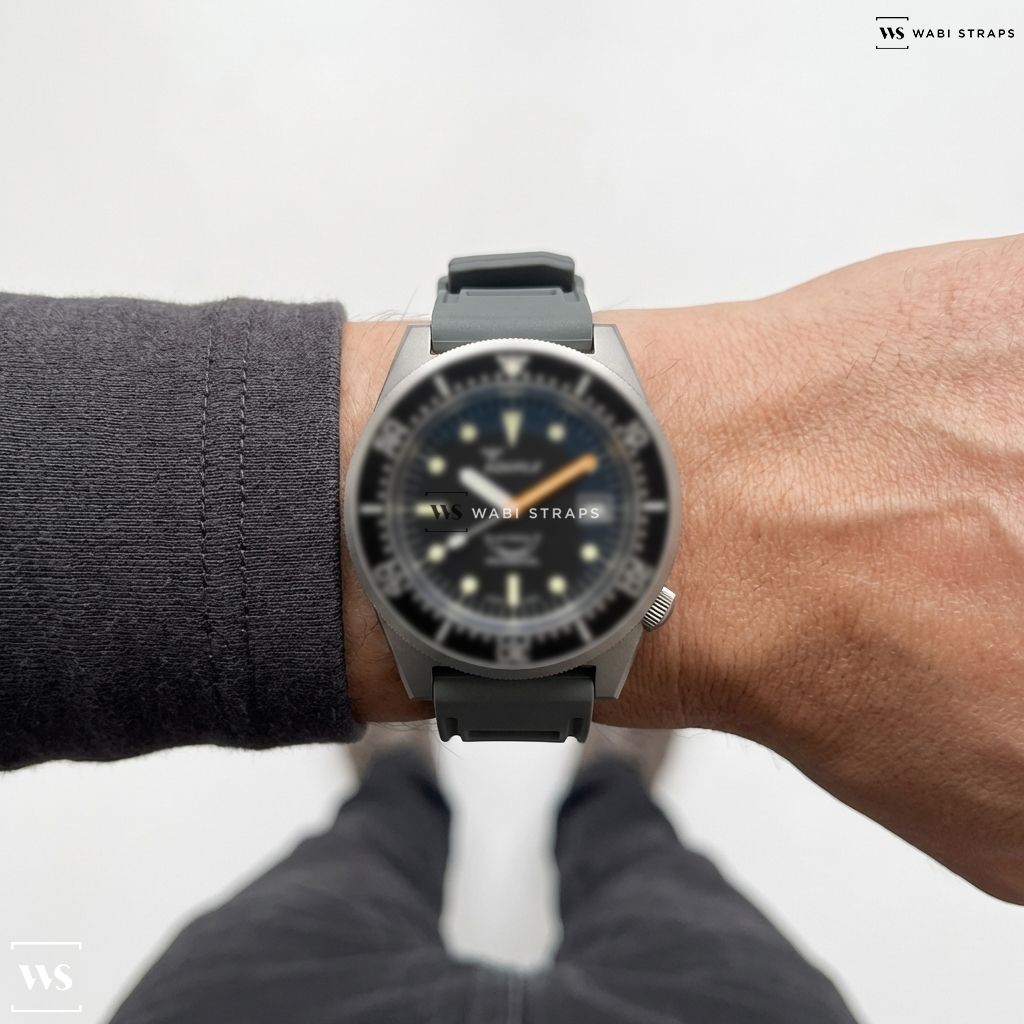 Grey Perforated Rubber Watch Strap on Squale 1521 Black Blasted