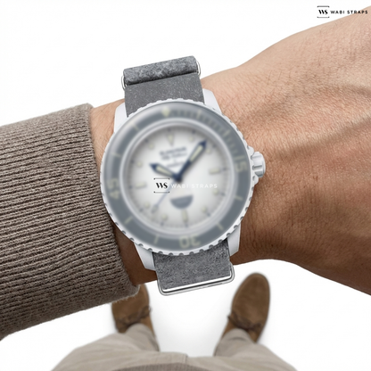 Grey Fuzzy Grain Leather Watch Strap on SCUBA FIFTY FATHOMS COLLECTION ANTARCTIC OCEAN