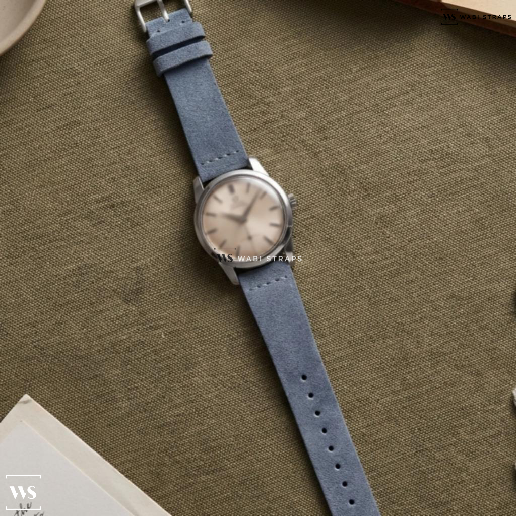 Grey Fuzzy Grain Suede Watch Strap on Omega Seamaster Honeycomb Dial