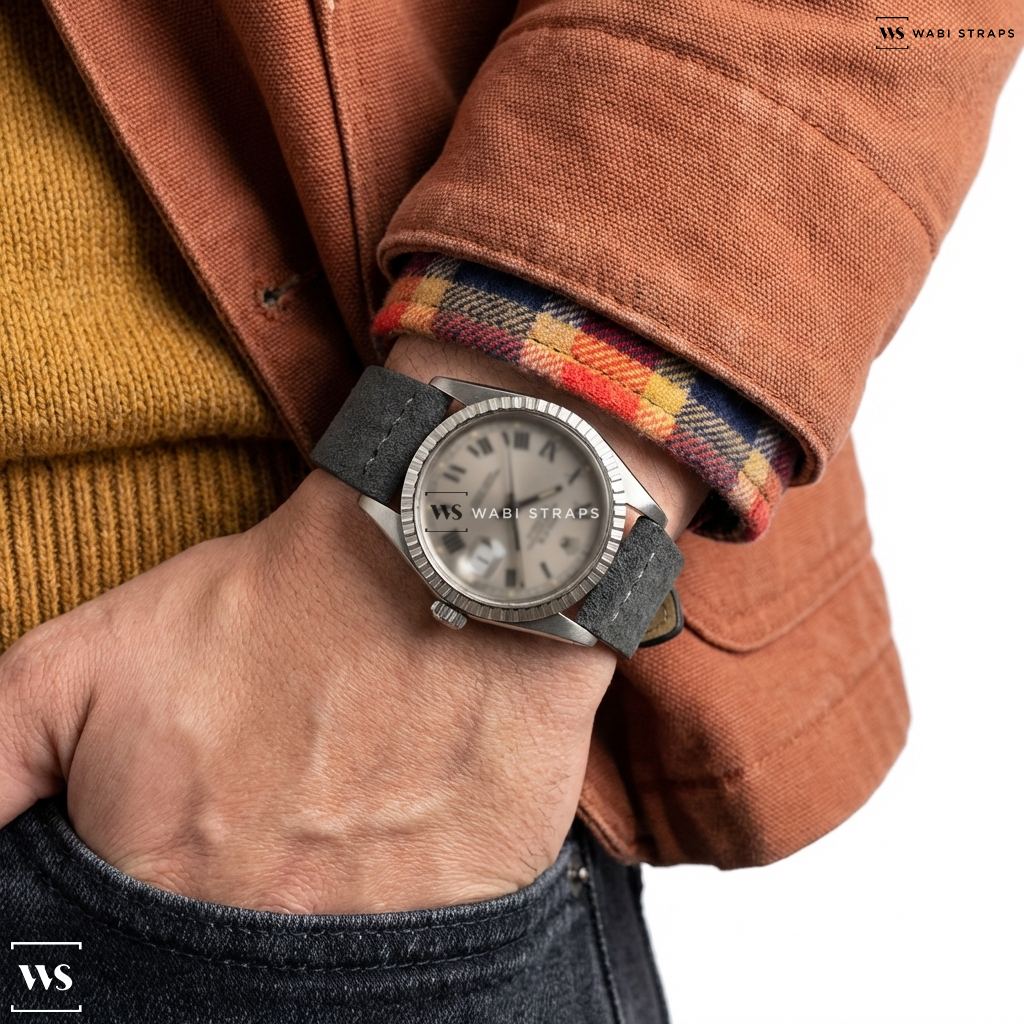 Grey Fuzzy Grain Suede Watch Strap on Rolex Dajust 16014 Grey Buckley