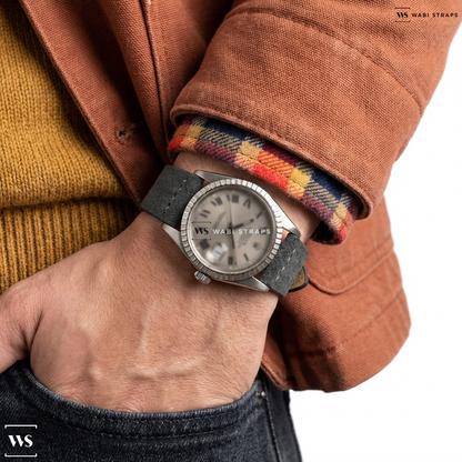 Grey Fuzzy Grain Suede Watch Strap on Rolex Dajust 16014 Grey Buckley