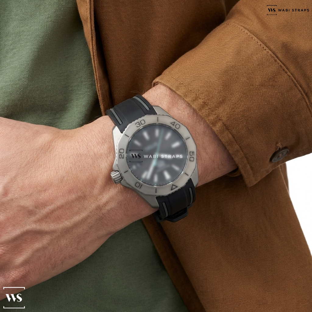 Black/Grey Contrast Edge Silicone Watch Strap on Tag Heuer Aquaracer Solargraph Black PVD