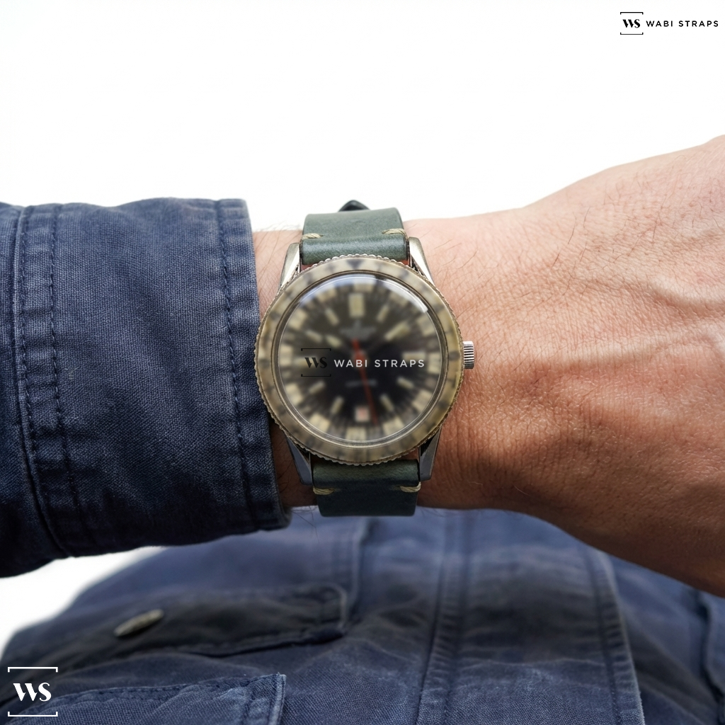 Grey Smooth Matte Leather Watch Strap on Breitling Unitime Vintage Roulette Wheel Dial