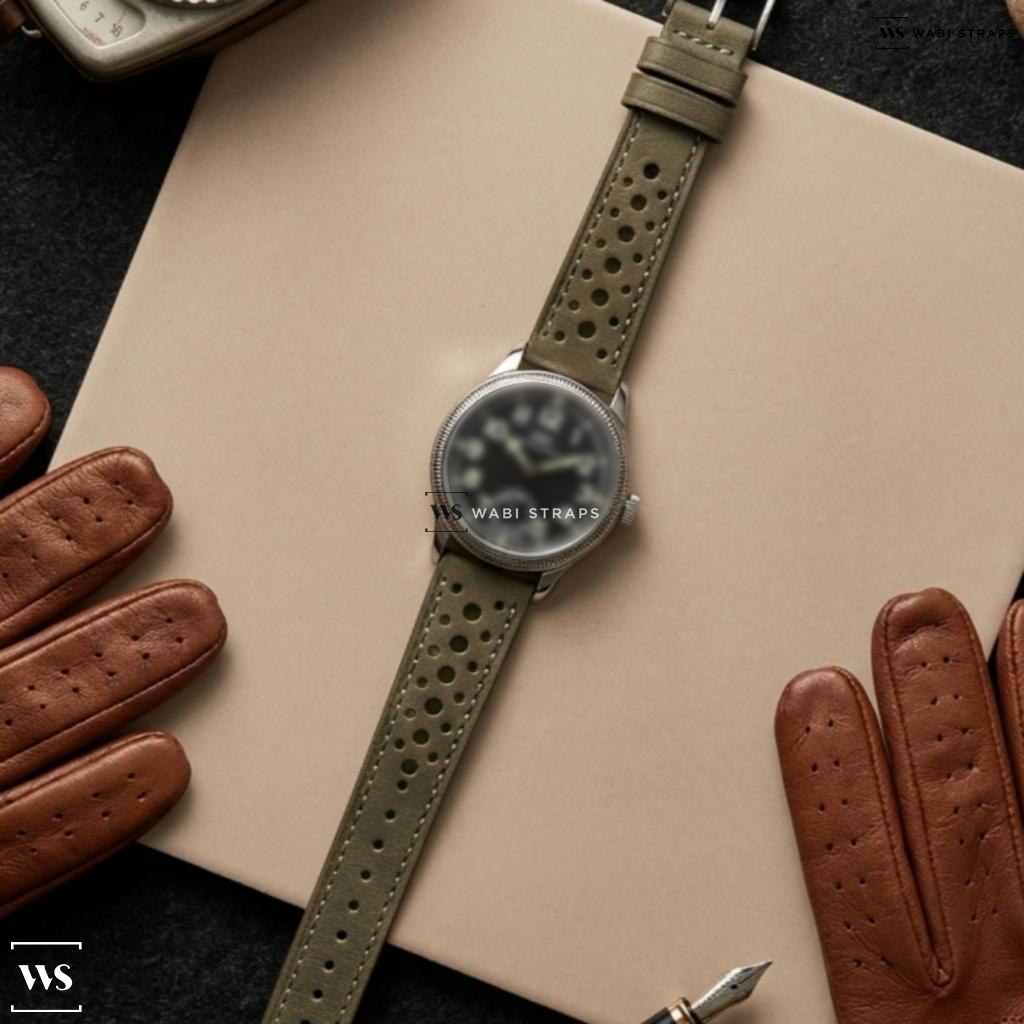 Grey Perforated Leather Watch Strap on IWC Pilots Watch Vintage Collection Manual SS