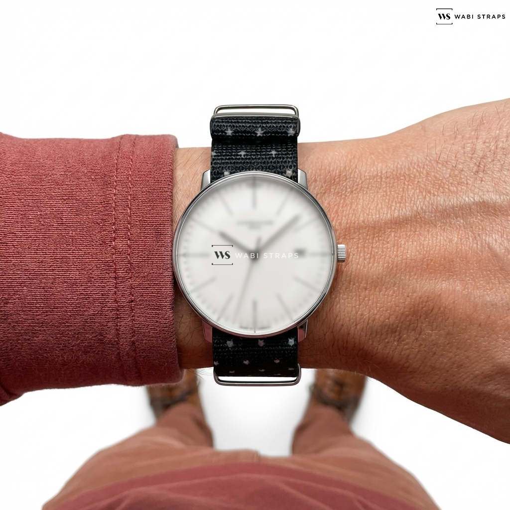 Grey/Yellow Graphic Print Nylon Watch Strap on Junghans Max Bill Mega