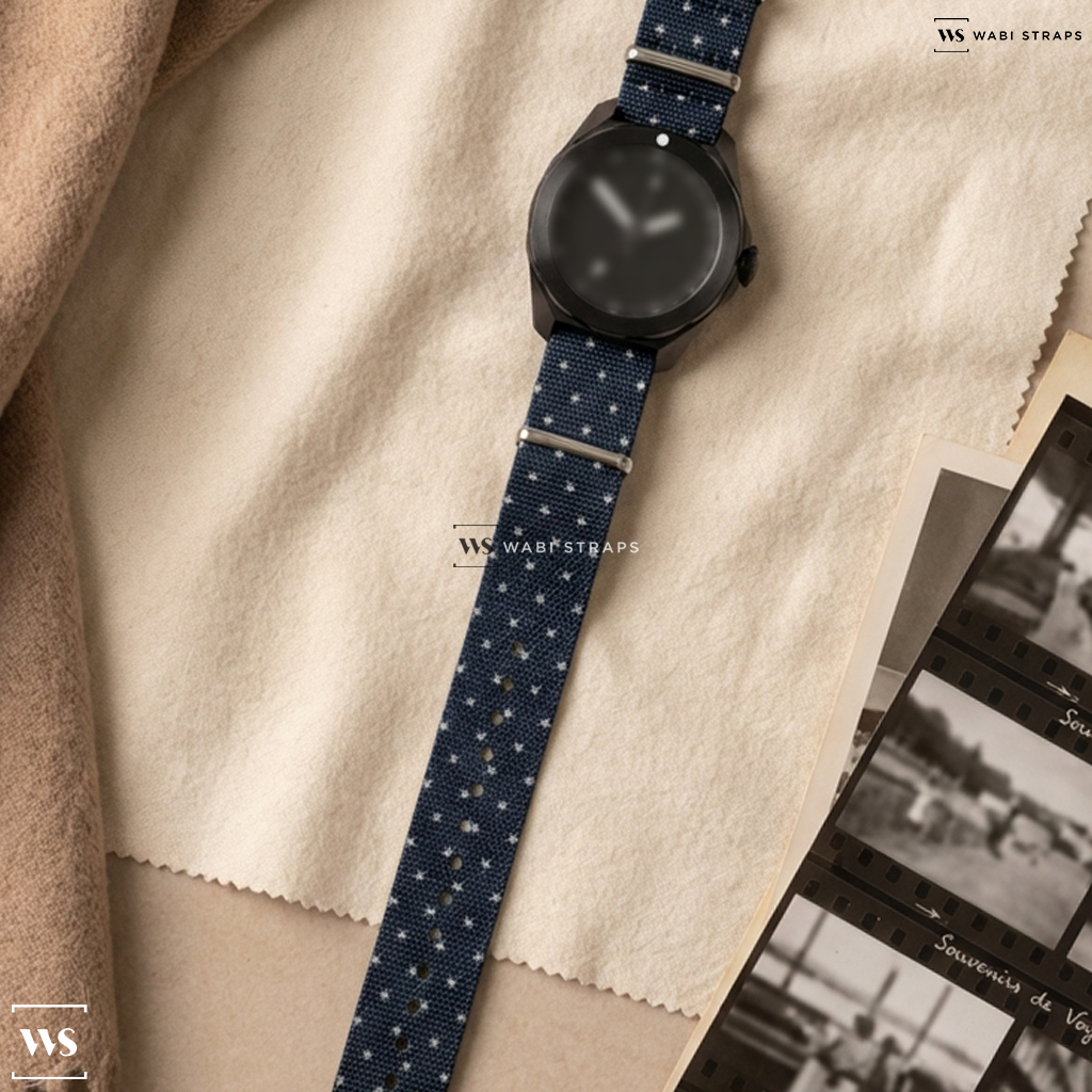 Grey/Yellow Graphic Print Nylon Watch Strap on BOLDR Supply Co The Black Dragonfish
