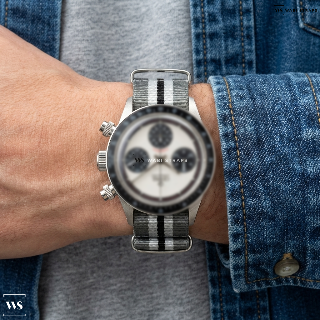 Black/Grey/White 2 Thick 3 Thin Stripes Nylon Watch Strap on Gevril Tribeca Watch