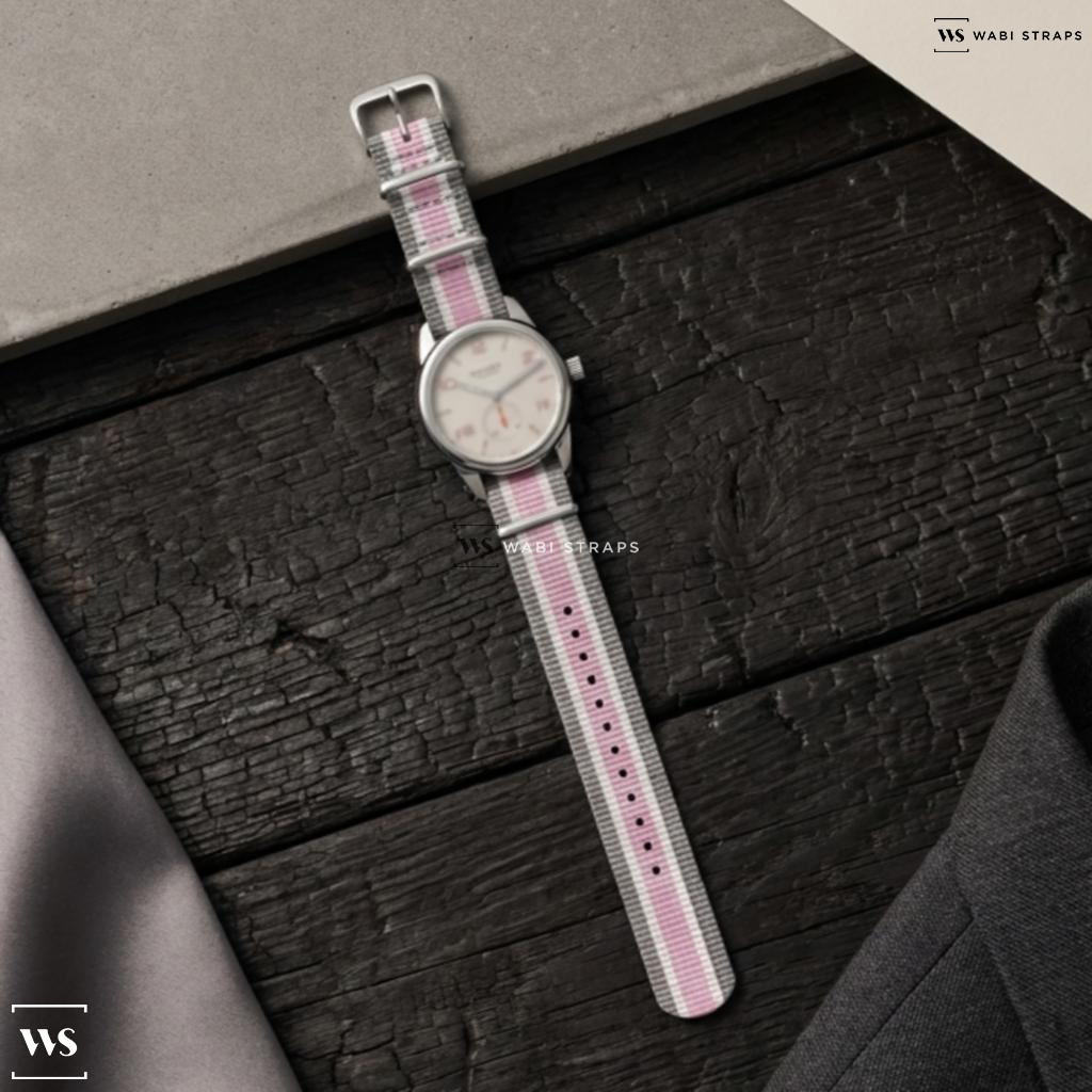 Grey/Pink/White 4 Thick 1 Thin Stripe Nylon Watch Strap on Nomos Glashutte Club Campus