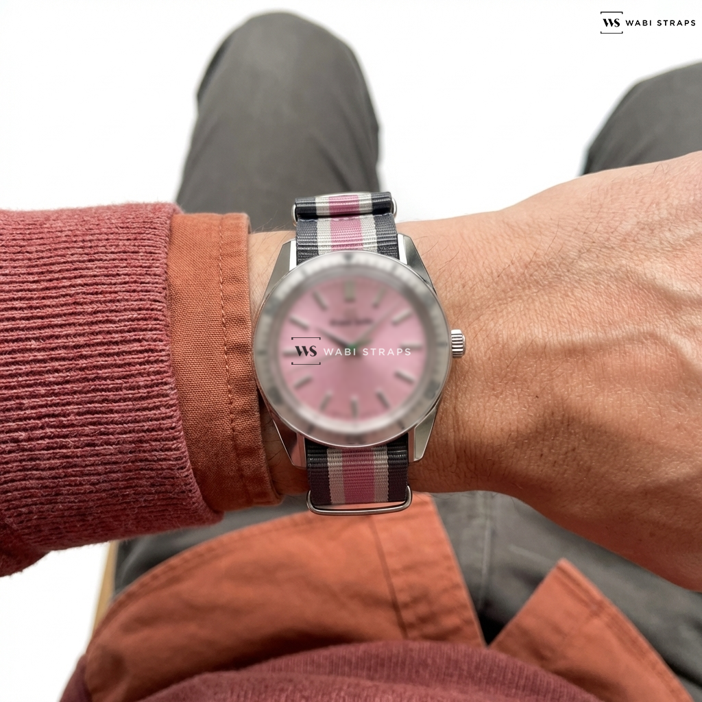 Grey/Pink/White 4 Thick 1 Thin Stripe Nylon Watch Strap on Heritage Collection 44GS Manual 'Hanami' SBGW313