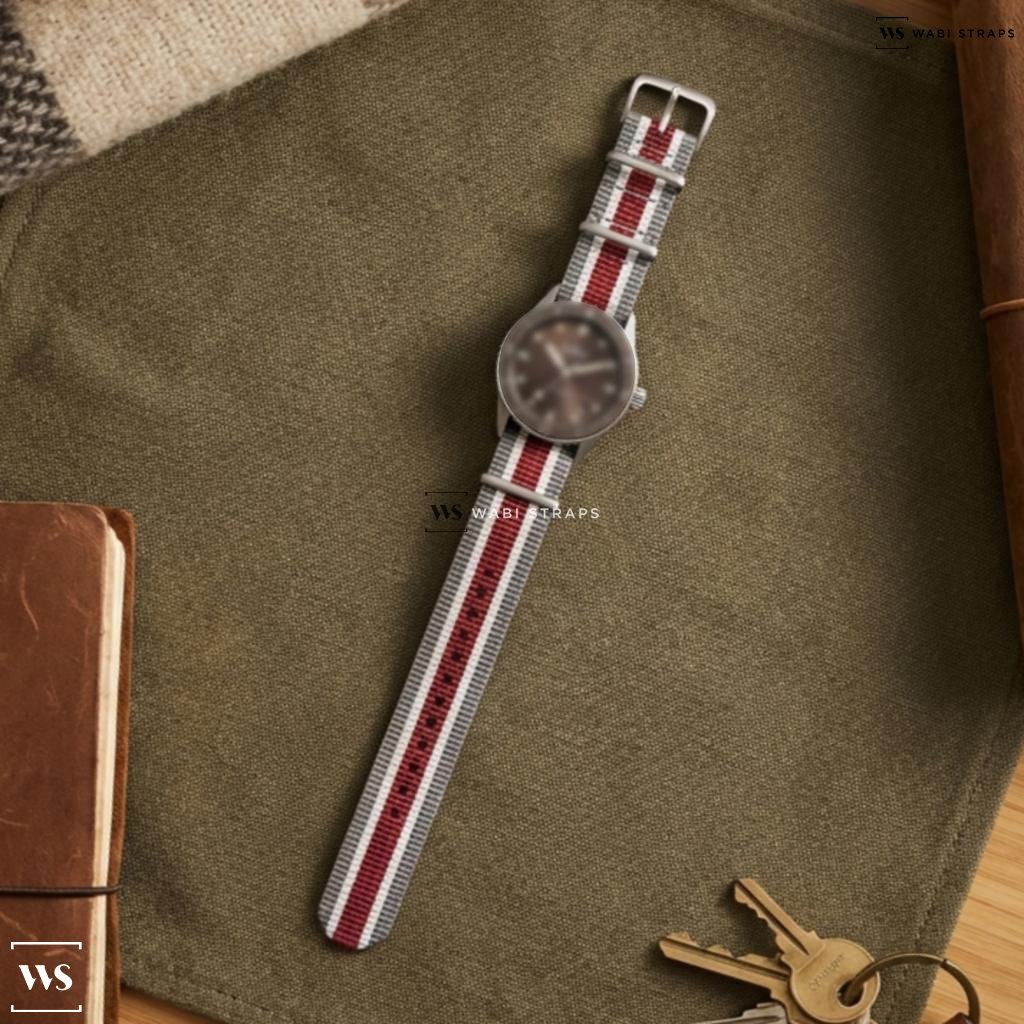 Grey/Red/White 4 Thick 1 Thin Stripe Nylon Watch Strap on Blancpain Fifty Fathoms Bathyscaphe Grey Dial