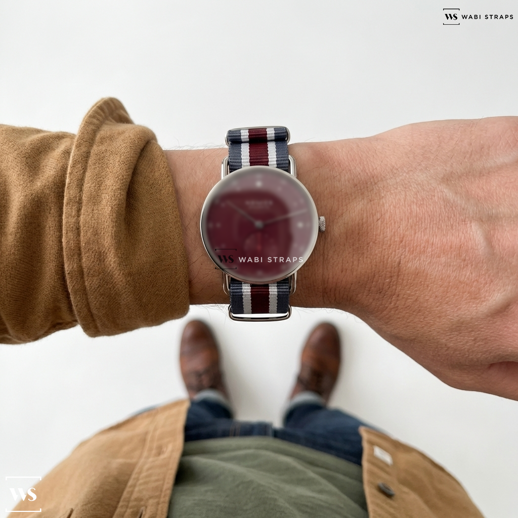 Grey/Red/White 4 Thick 1 Thin Stripe Nylon Watch Strap on NomosMetro 33 Muted Red