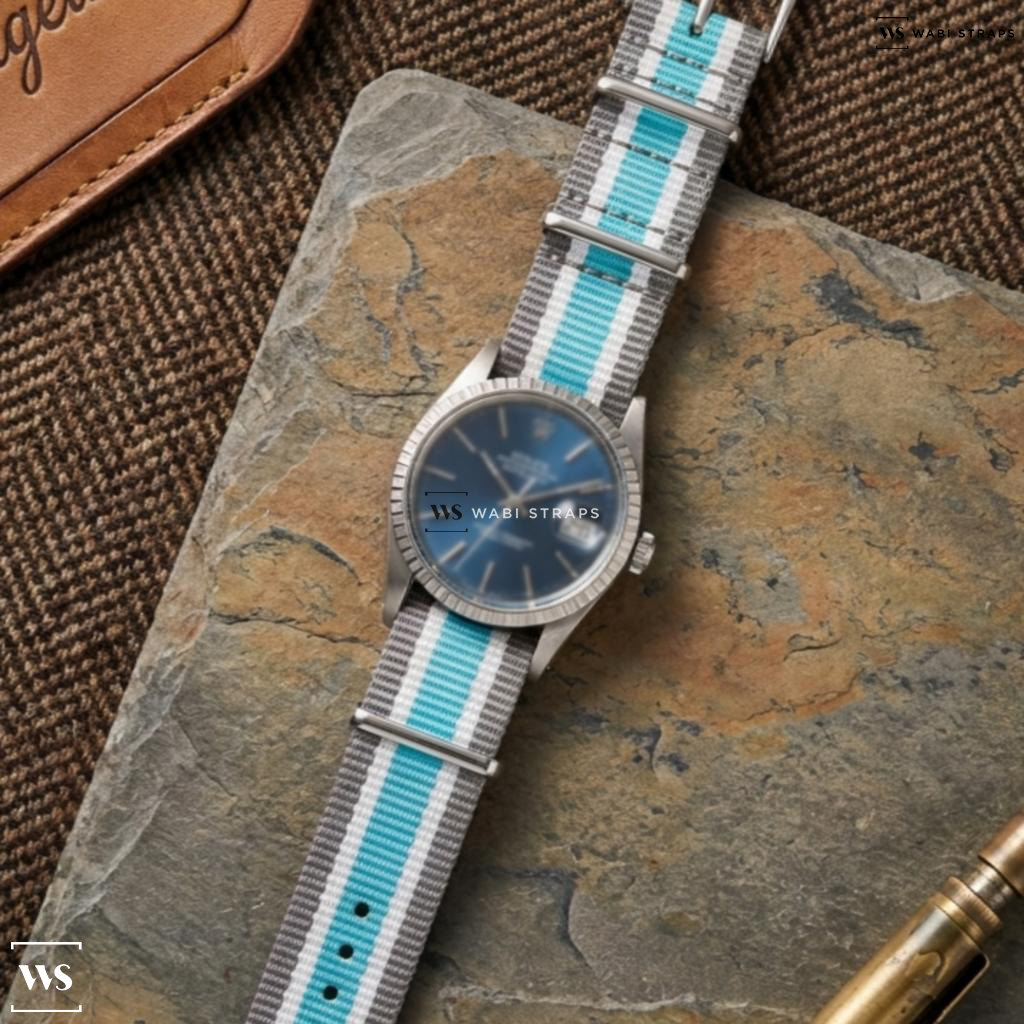 Blue/Grey/White 4 Thick 1 Thin Stripe Nylon Watch Strap on Rolex 1601 Blue Patina Dial