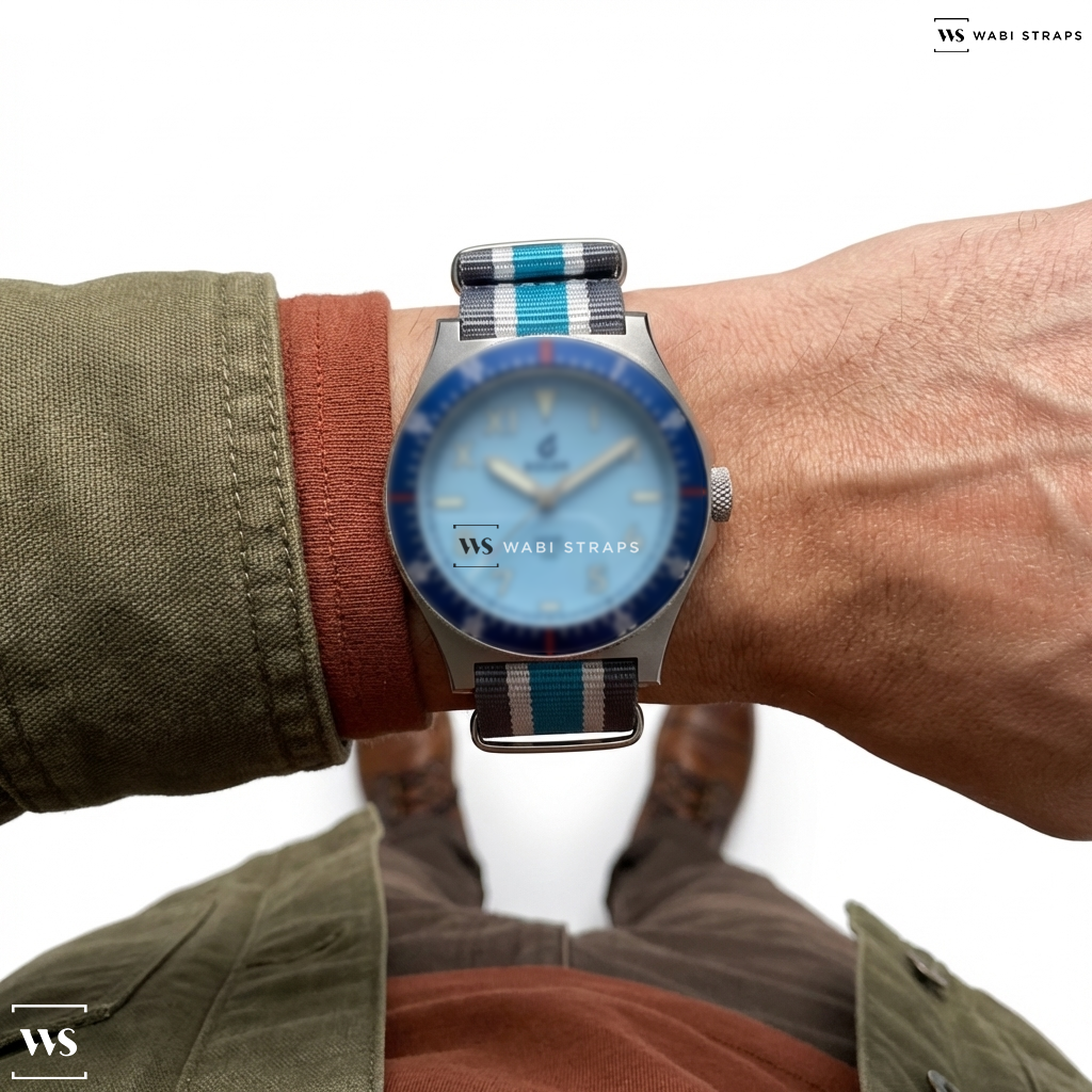 Blue/Grey/White 4 Thick 1 Thin Stripe Nylon Watch Strap on BOLDR Safari Defender Siana