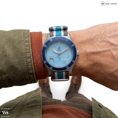 Blue/Grey/White 4 Thick 1 Thin Stripe Nylon Watch Strap on BOLDR Safari Defender Siana