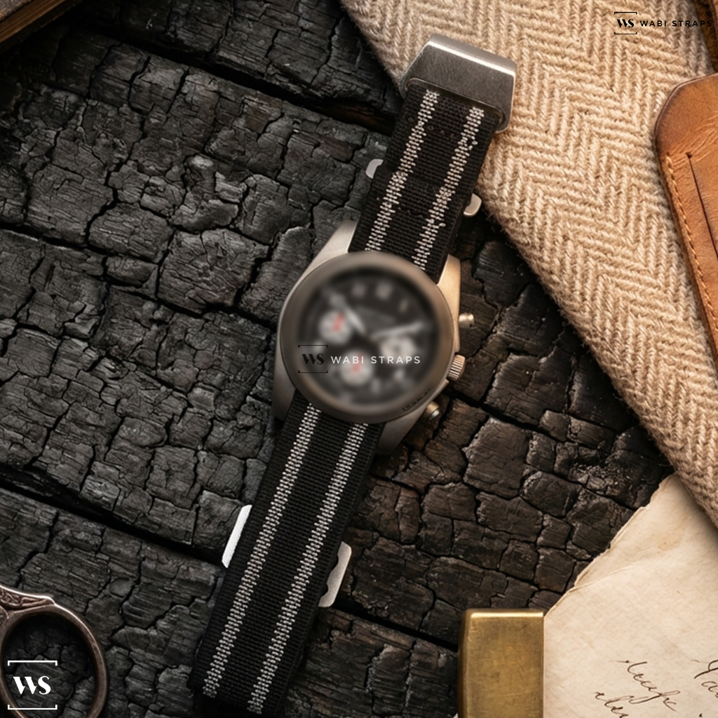 Black/Grey 5-Stripes Nylon Watch Strap on Bertucci A-11T Field Chronograph