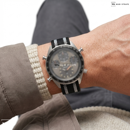 Black/Grey 5-Stripes Nylon Watch Strap on Seiko Prospex Speedtimer 1/100 Sec Solar Chronograph