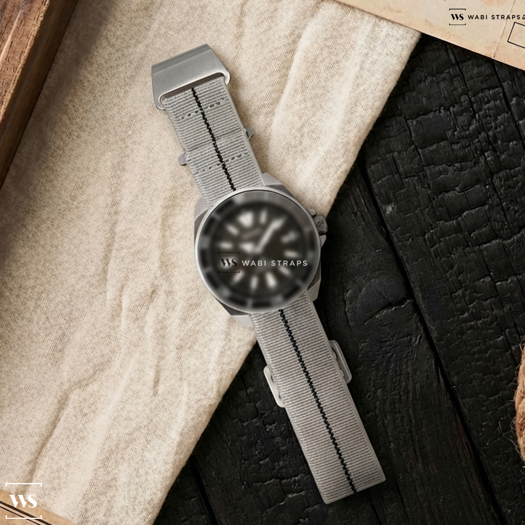 Black/Grey 3-Stripe Nylon Watch Strap on Seiko Samurai Prospex Automatic Dive Watch with Black Dial and Stainless Steel Bracelet #SRPF03