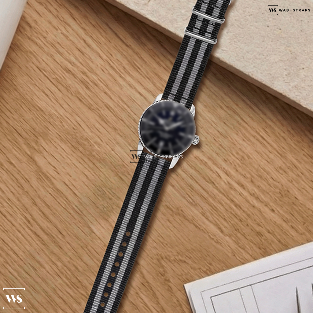 Black/Grey 5 Stripes Nylon Watch Strap on Breitling Superocean Heritage 2 dIVE wATCH