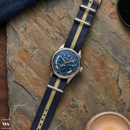 Blue/Green/Grey 2 Thick 1 Thin Stripe Nylon Watch Strap on Frederique Constant Classic Worldtimer Manufacture