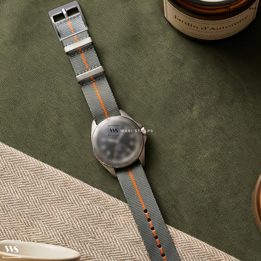 Grey/Orange 3-Stripe Nylon Watch Strap on Longines Pilot Majetek Pioneer Edition 43mm Mens Watch Black L28381532