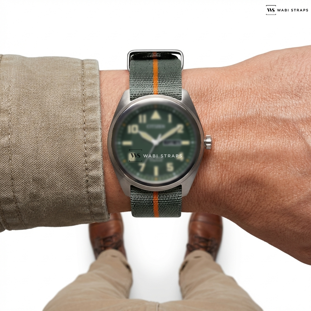 Grey/Orange 3-Stripe Nylon Watch Strap on Citizen Garrison - SUPER TITANIUM