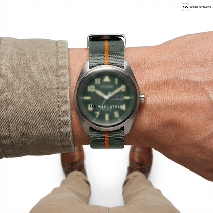 Grey/Orange 3-Stripe Nylon Watch Strap on Citizen Garrison - SUPER TITANIUM