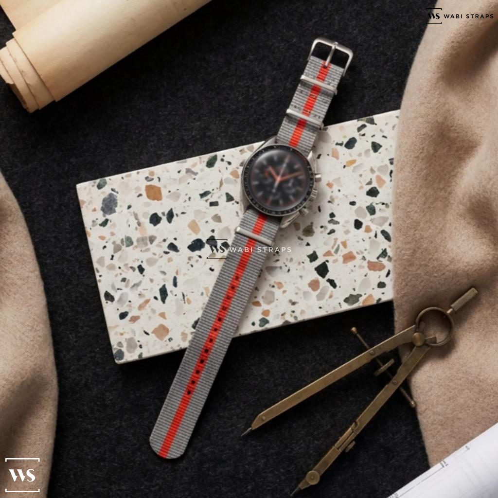 Grey/Orange 2 Thick 1 Thin Stripe Nylon Watch Strap on Omega Speedmaster Racing Co-Axial Master Chronometer