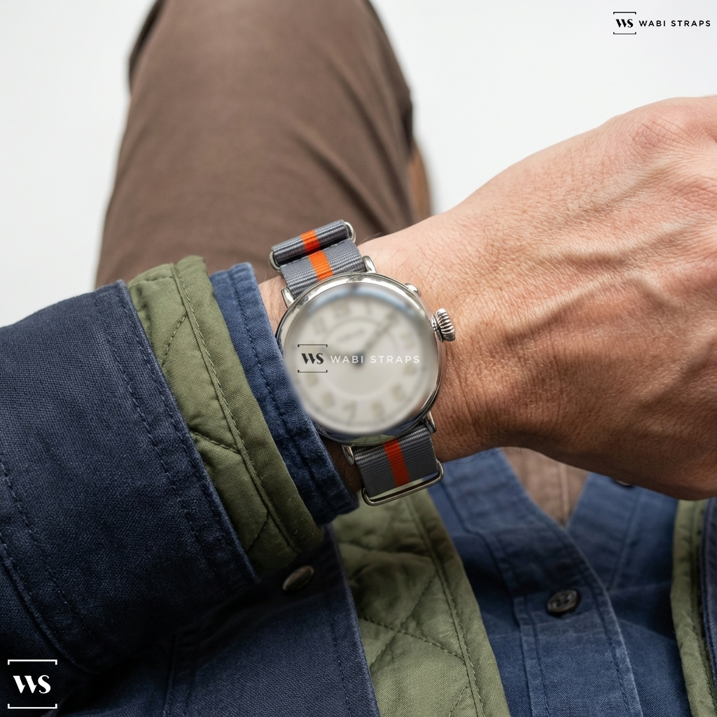 Grey/Orange 2 Thick 1 Thin Stripe Nylon Watch Strap on Oris Big Crown 1917