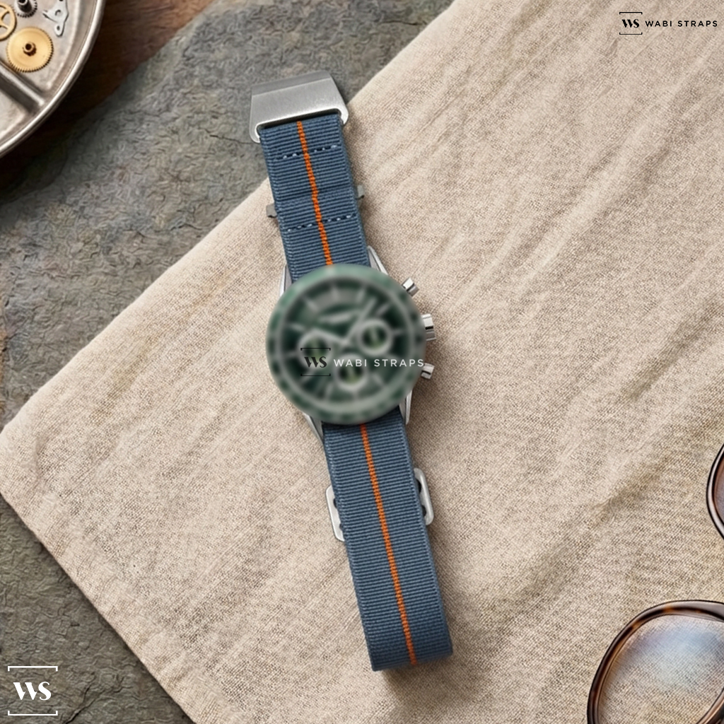 Grey/Orange 3-Stripe Nylon Watch Strap on Raymond Weil Freelancer 43.5mm Mens Watch Green 7741-SC7-52021