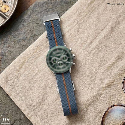 Grey/Orange 3-Stripe Nylon Watch Strap on Raymond Weil Freelancer 43.5mm Mens Watch Green 7741-SC7-52021