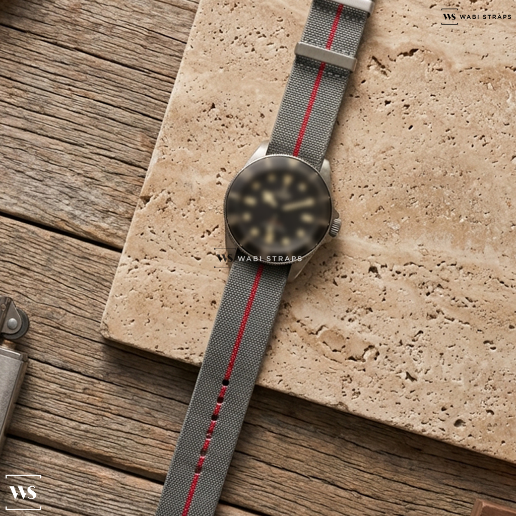 Grey/Red 3-Stripe Nylon Watch Strap on Tudor Pelagos LHD M25610TNL-0001