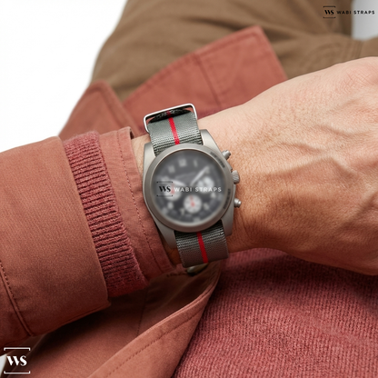 Grey/Red 3-Stripe Nylon Watch Strap on Fortis Stratoliner