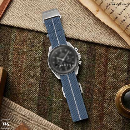 Grey/White 3-Stripe Nylon Watch Strap on Omega New 2021 Speedmaster Moonwatch Professional Co-Axial Master Chronometer 42mm Mens O31030425001002