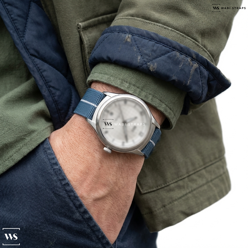 Grey/White 3-Stripe Nylon Watch Strap on REC Watches Tourer Steel