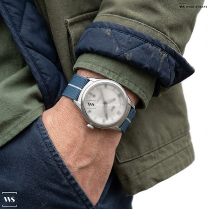 Grey/White 3-Stripe Nylon Watch Strap on REC Watches Tourer Steel