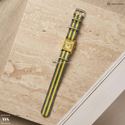 Grey/Yellow 5 Stripes Nylon Watch Strap on Must De Cartier Tank