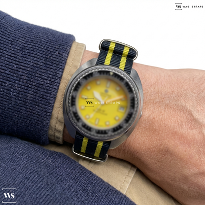 Grey/Yellow 5 Stripes Nylon Watch Strap on Certina DS-2 Automatic Diver Yellow Dial