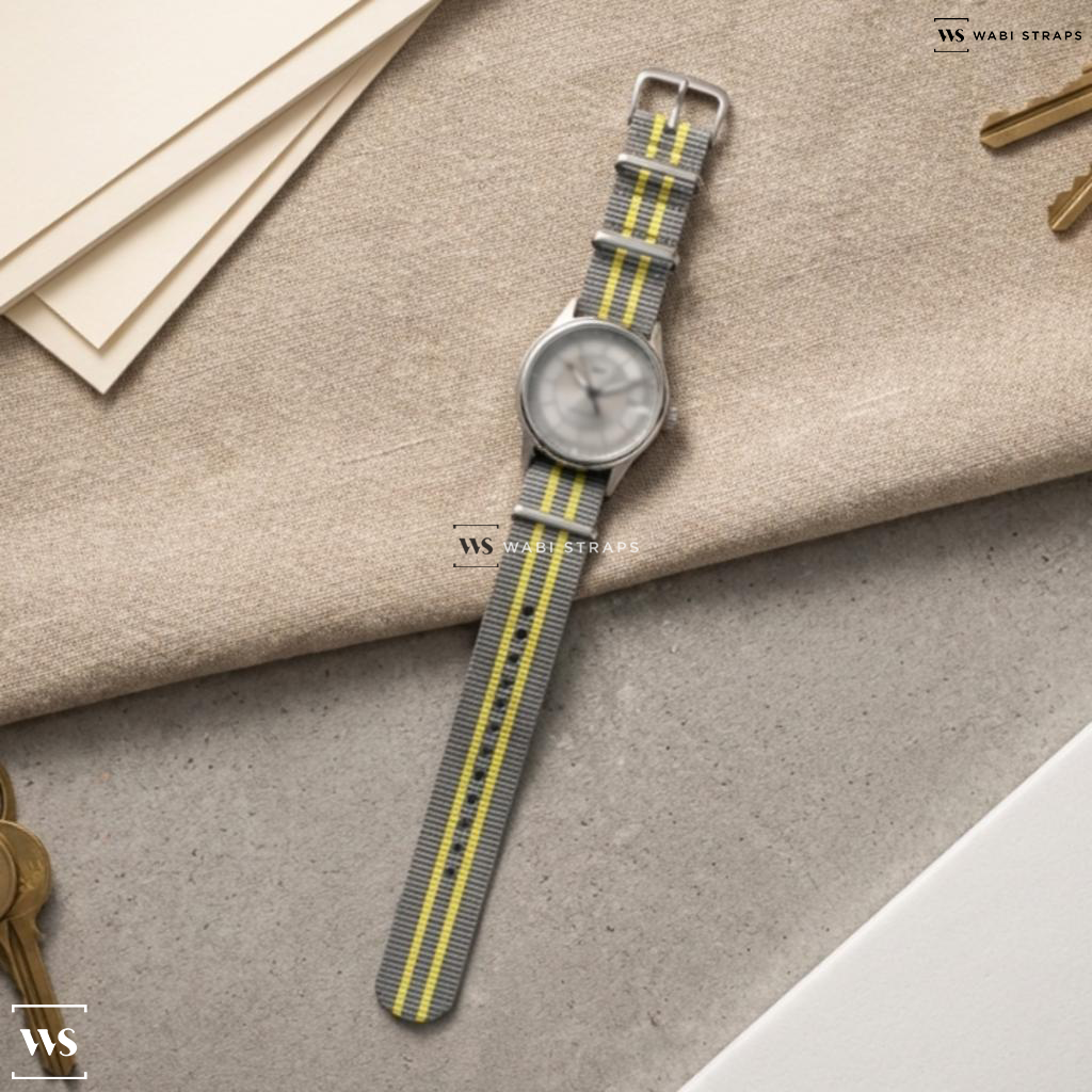 Grey/Yellow 2 Thick 3 Thin Stripes Nylon Watch Strap on RGM Watch Company Model 250 Sector Dial