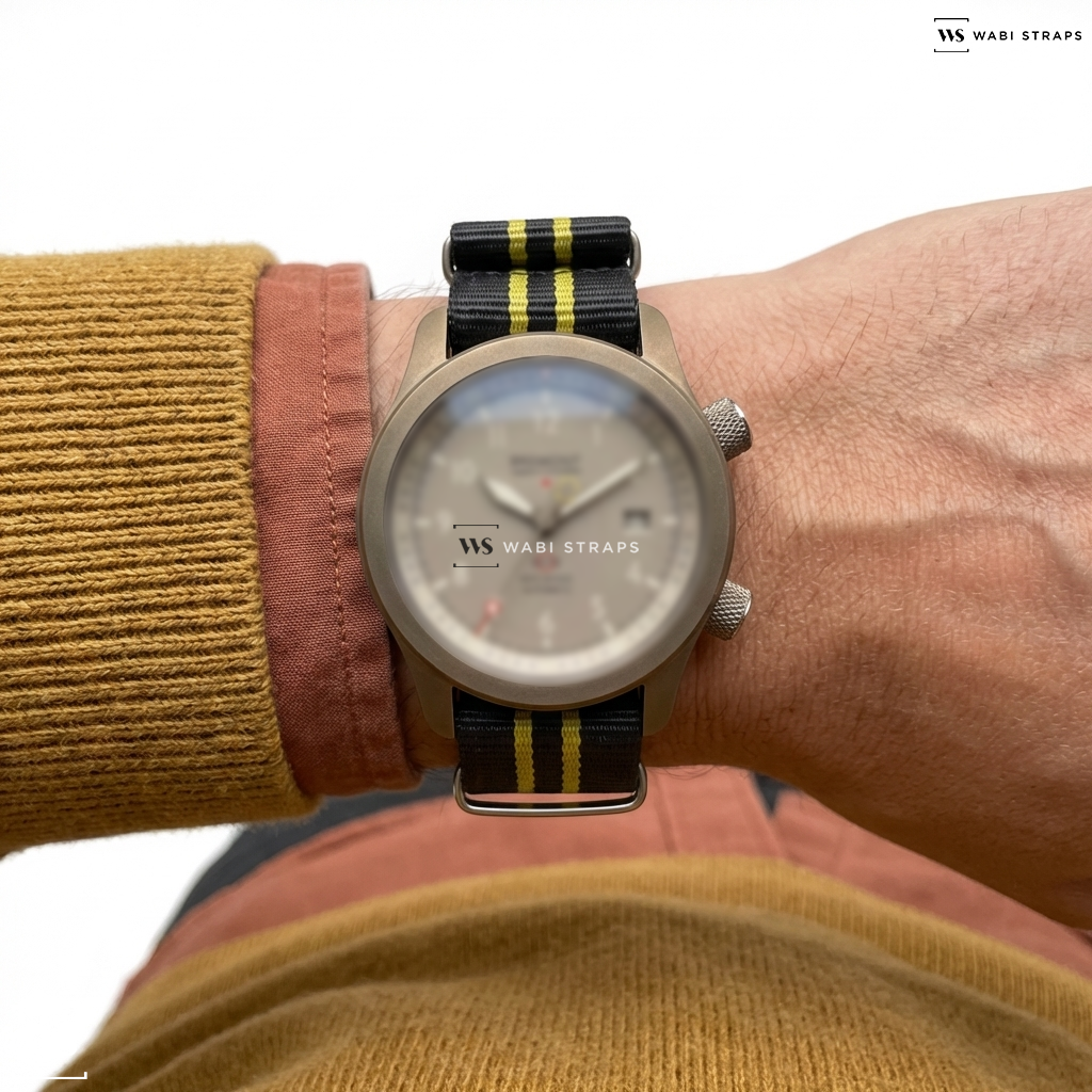 Grey/Yellow 2 Thick 3 Thin Stripes Nylon Watch Strap on Bremont MB Savanna Watch