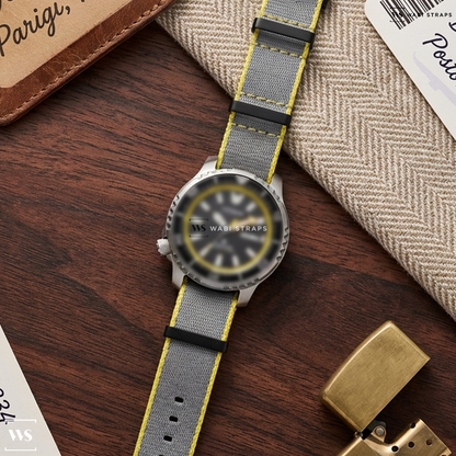 Grey/Yellow Trim Edge Nylon Watch Strap on Citizen Promaster Dive Automatic "Fugu"