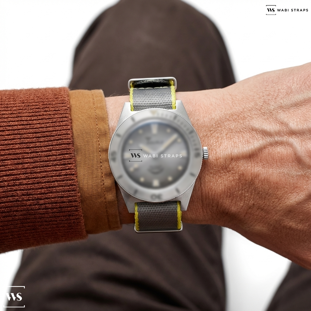 Grey/Yellow Trim Edge Nylon Watch Strap on Super-Squale Sunray Grey Bracelet