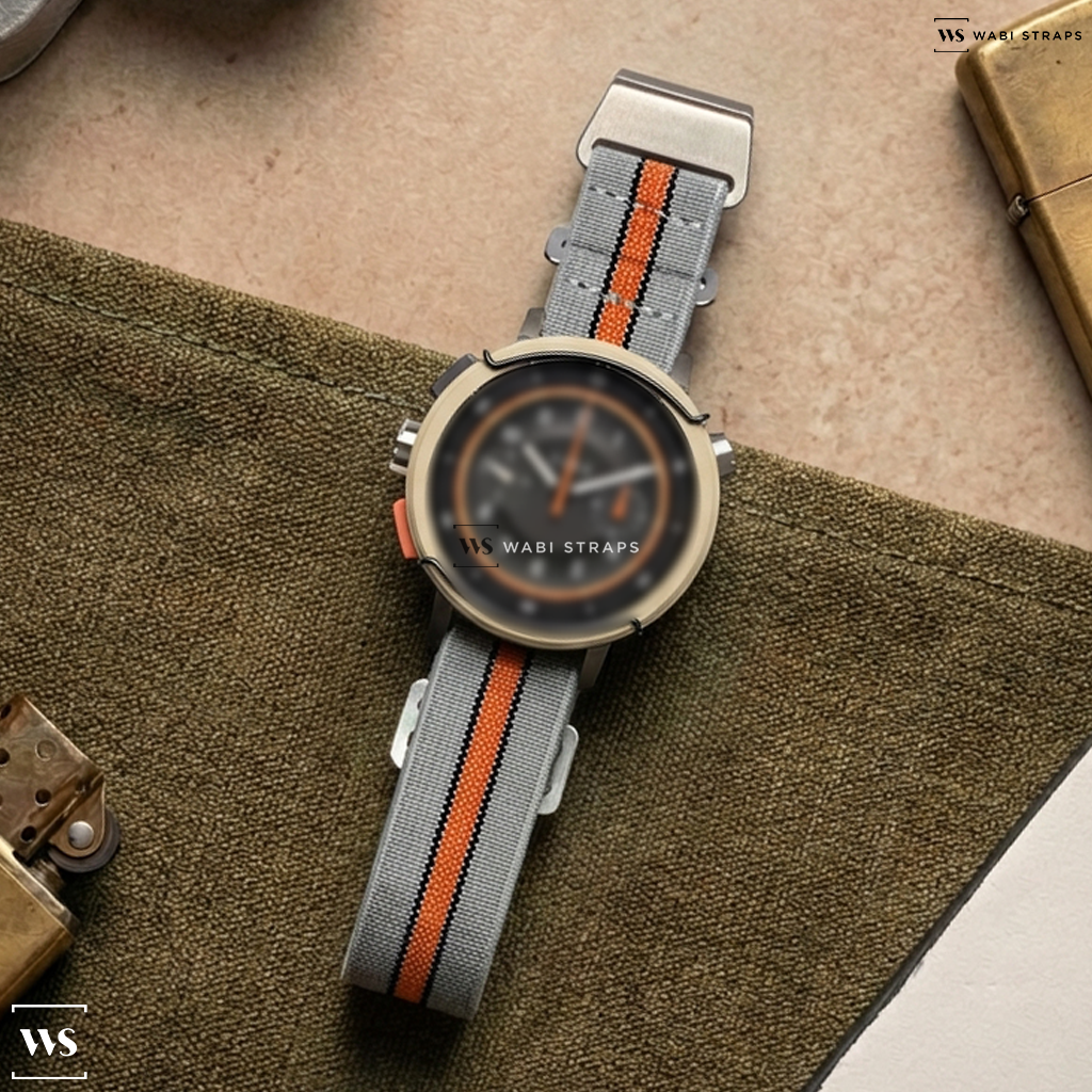 Black/Grey/Orange 3-Stripes Nylon Watch Strap on Vero Workhorse Chrono