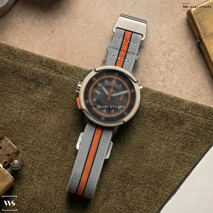 Black/Grey/Orange 3-Stripes Nylon Watch Strap on Vero Workhorse Chrono