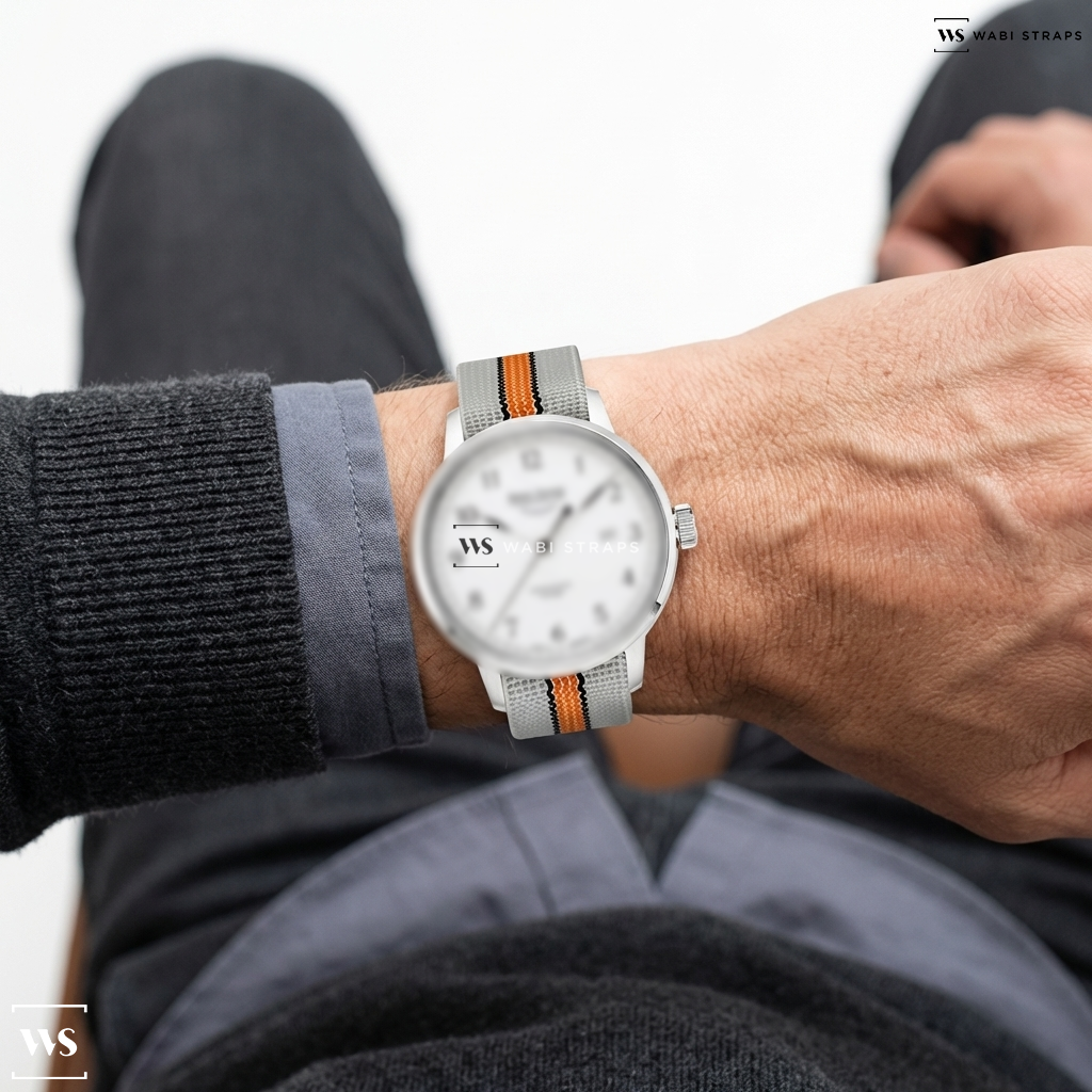 Black/Grey/Orange 3-Stripes Nylon Watch Strap on Bruno Sohnle Glashutte Hamburg Automatik Big