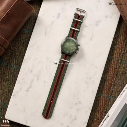 Black/Green/Red 2 Thick 3 Thin Stripes Nylon Watch Strap on Blanpain Fifty Fathoms Bathyscaphe Flyback Chronograph