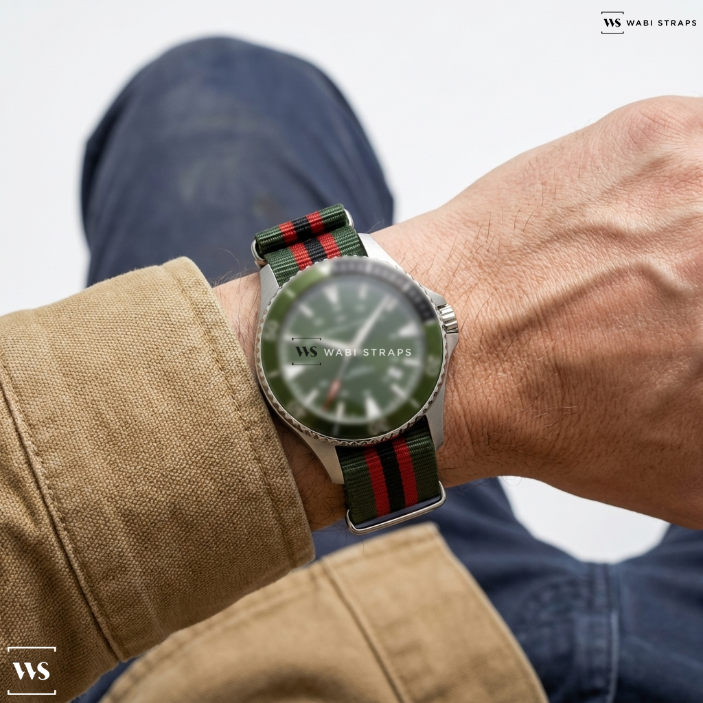 Black/Green/Red 2 Thick 3 Thin Stripes Nylon Watch Strap on Khaki Navy Scuba Auto | Hamilton Watch