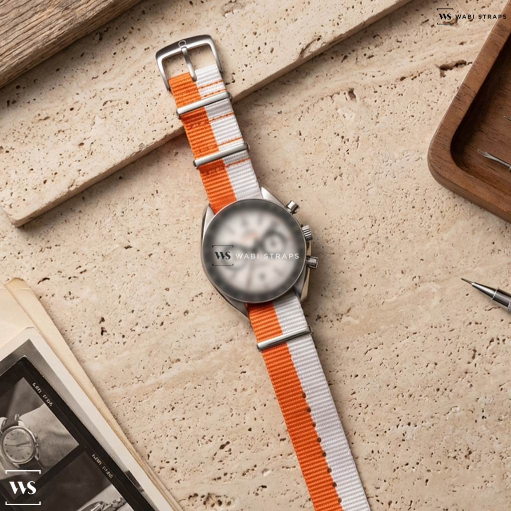 Orange/White Dip Dyed Nylon Watch Strap on Omega Racing Co-Axial Master Chronometer Chronograph