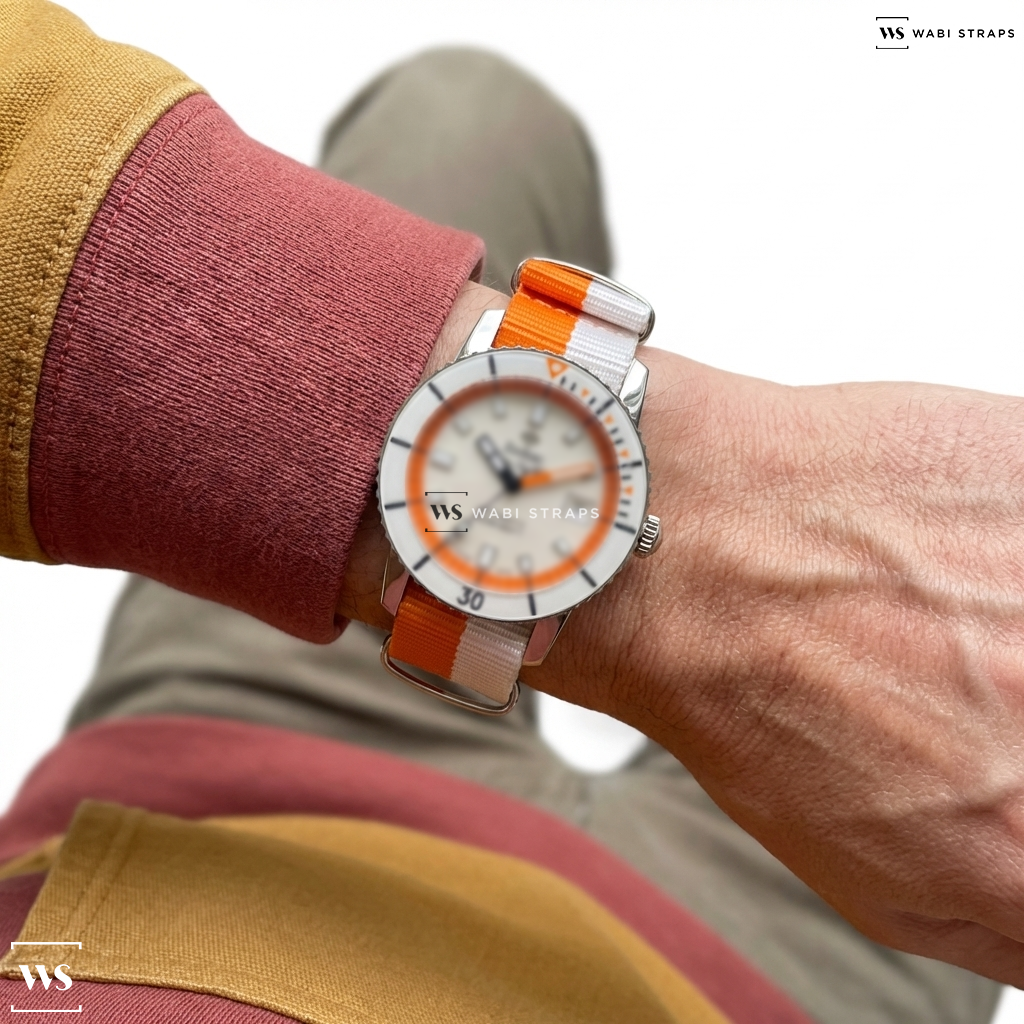 Orange/White Dip Dyed Nylon Watch Strap on Zodiac Super Sea Wolf Automatic Blue Rubber ZO9270